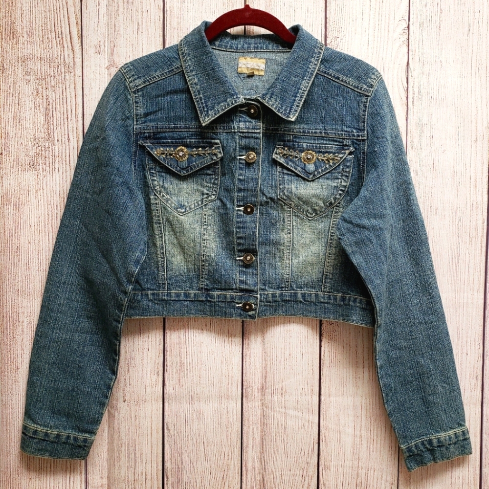 Vintage Cropped Jean Denim Distressed Jacket Large